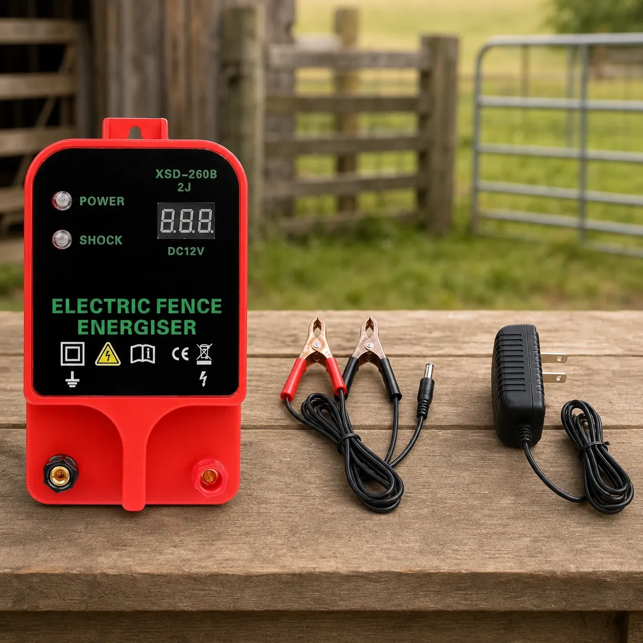 Red electric fence energiser unit with power and shock indicators, digital display, and accompanying cables with clips and power adapter, placed on a wooden surface with a blurred rural paddock and metal gates in the background.