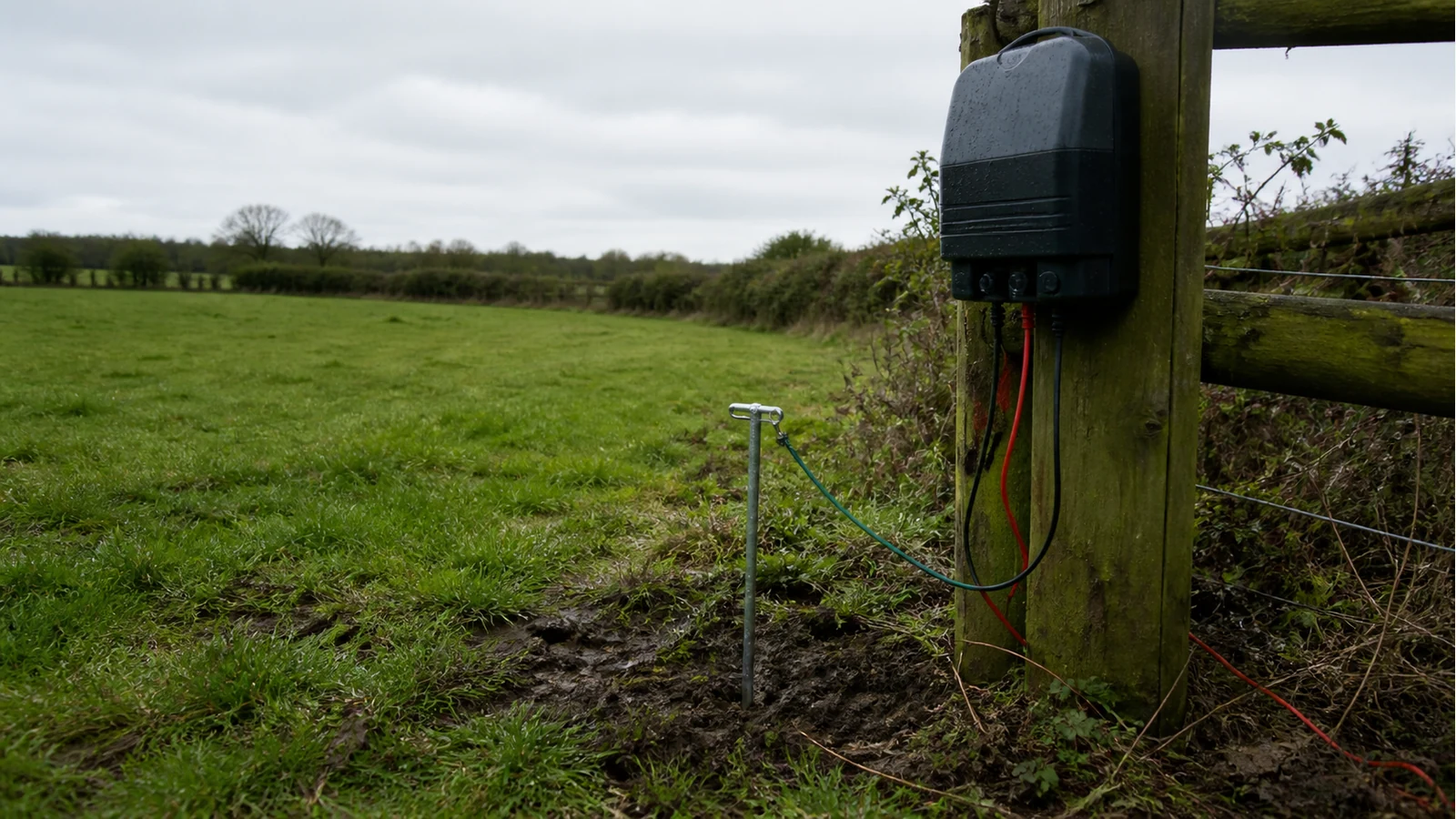 Galvanised earth rod being installed in damp UK paddock soil next to an electric fence energiser post