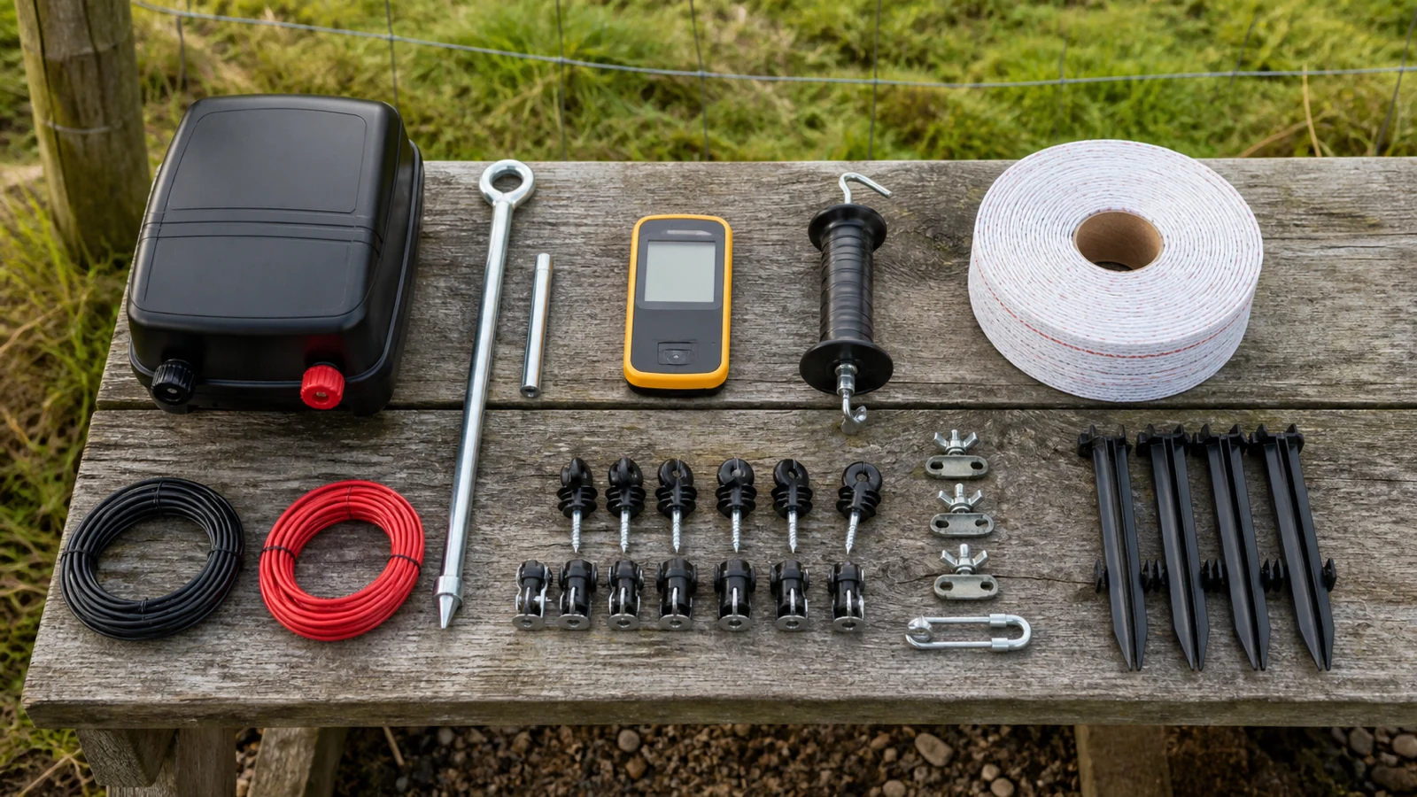 UK electric fence starter kit layout with energiser, earth rod, fence tester and insulated gate handle