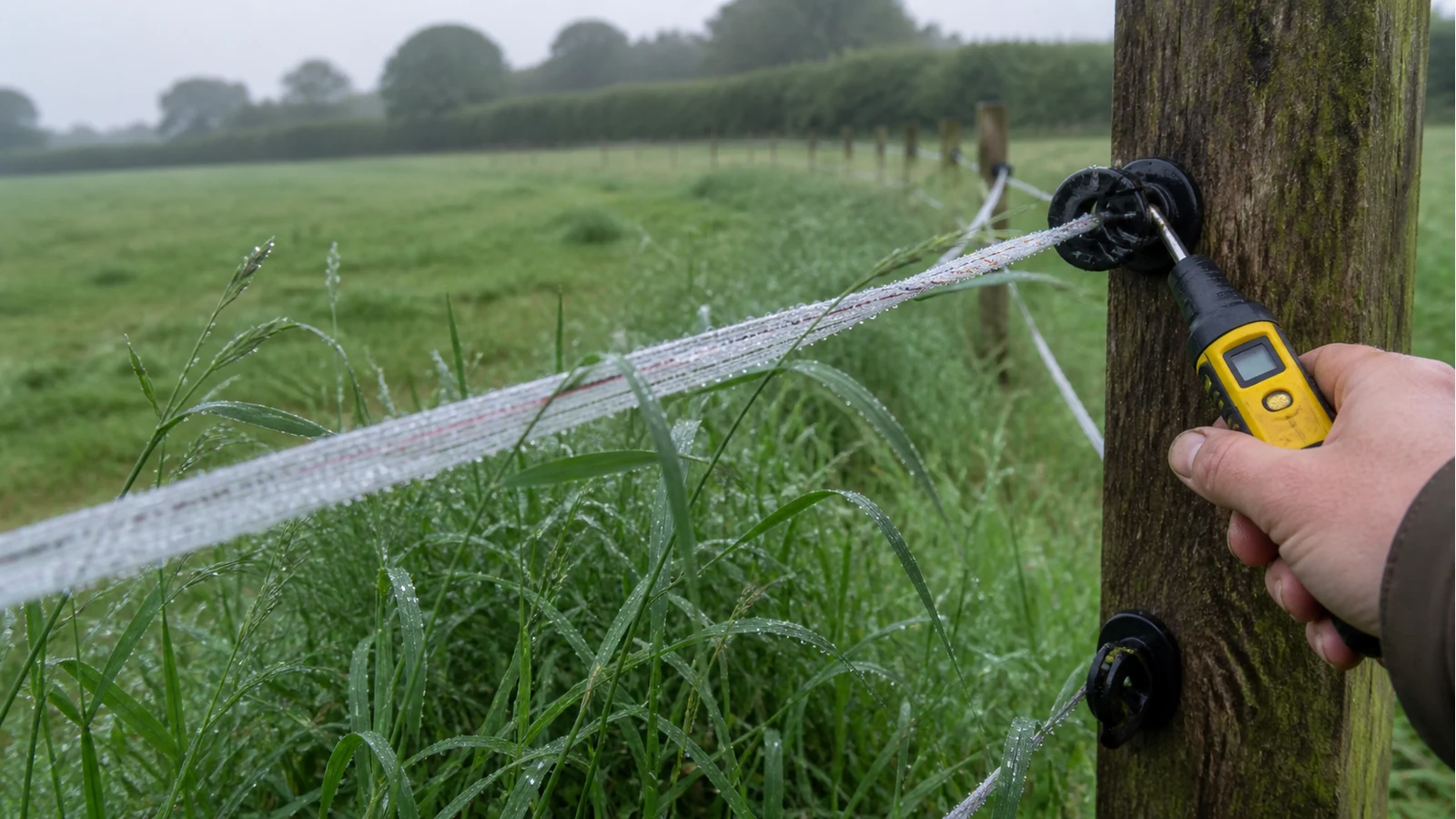 Dew-covered grass touching an electric fence tape on a UK paddock while a fence tester checks voltage