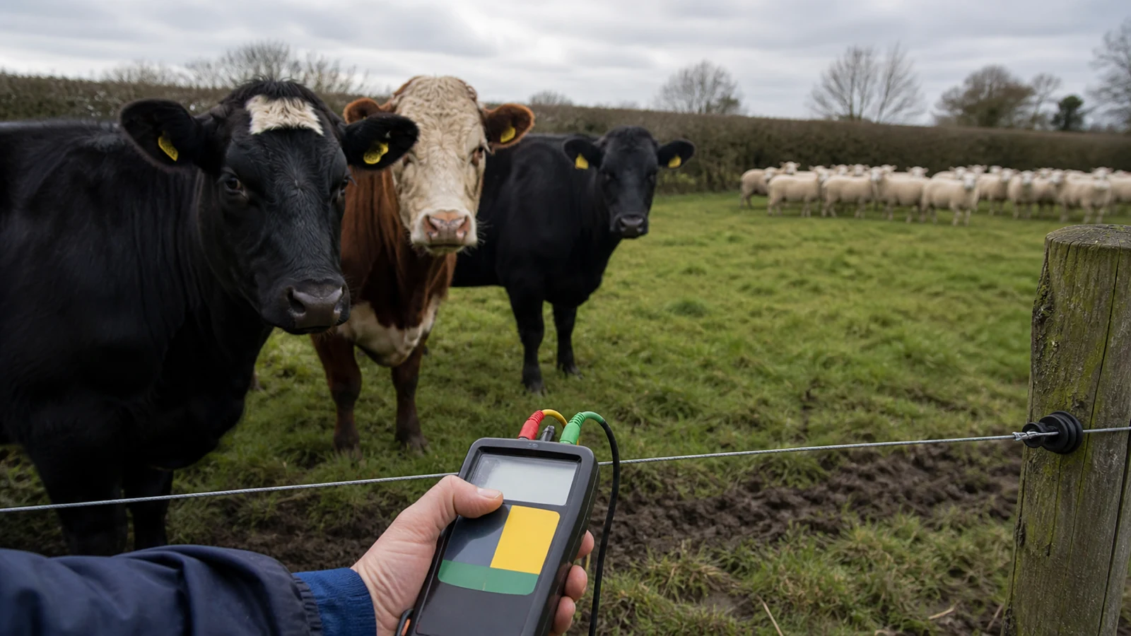 UK farm electric fence with cattle and sheep paddocks and a fence voltmeter in use