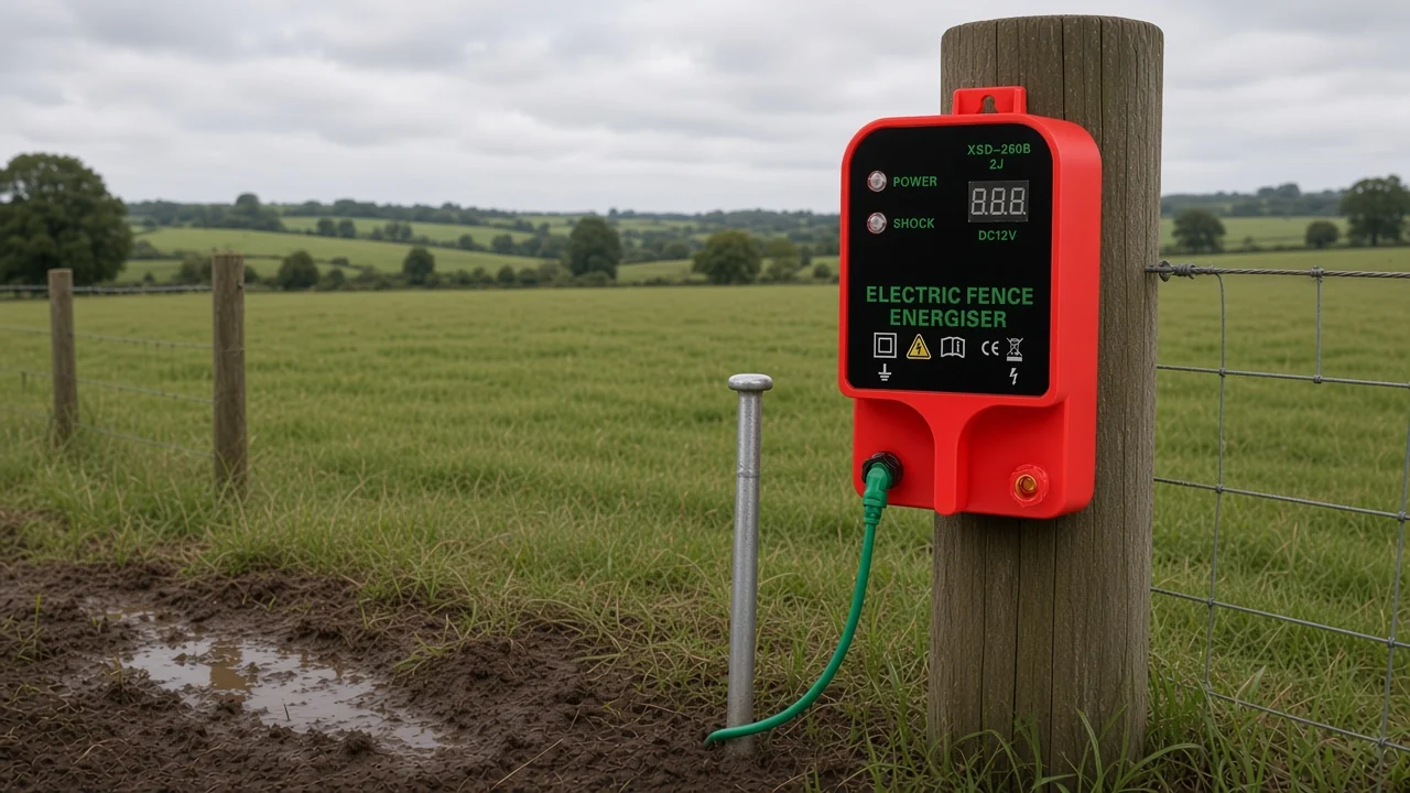 Galvanised earth rod being installed in damp UK paddock soil next to an electric fence energiser post