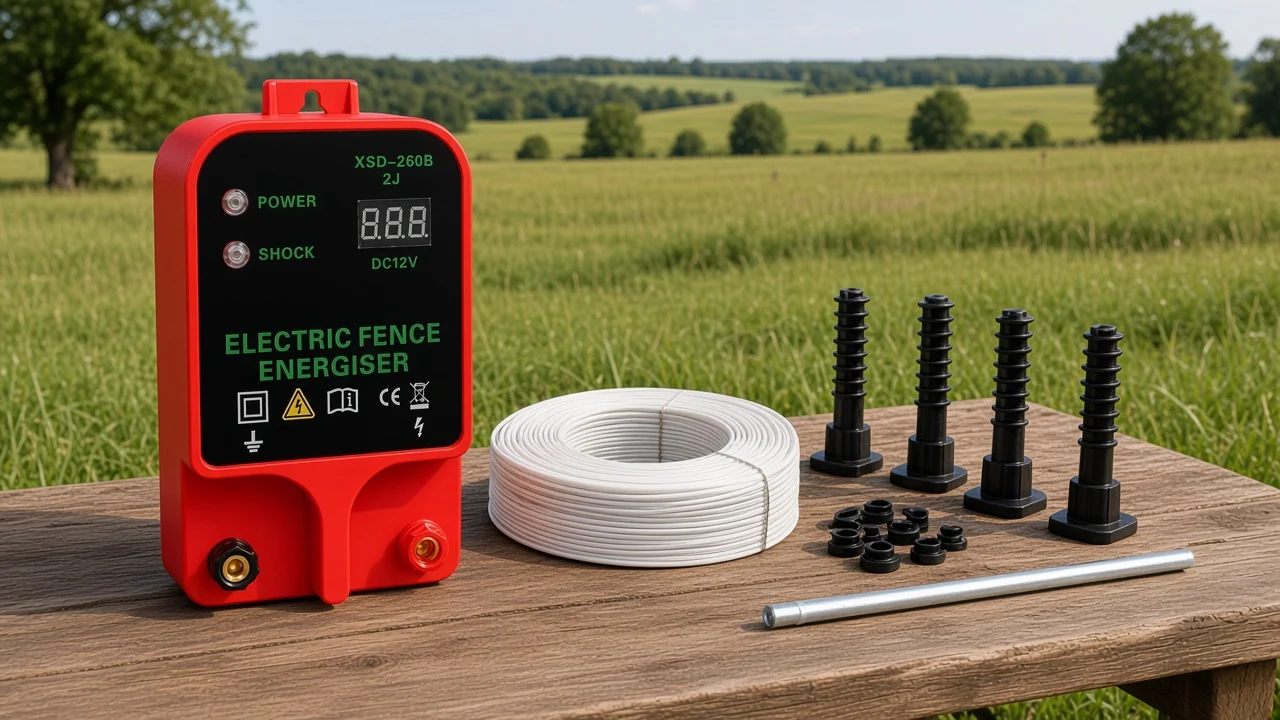 UK electric fence starter kit layout with energiser, earth rod, fence tester and insulated gate handle