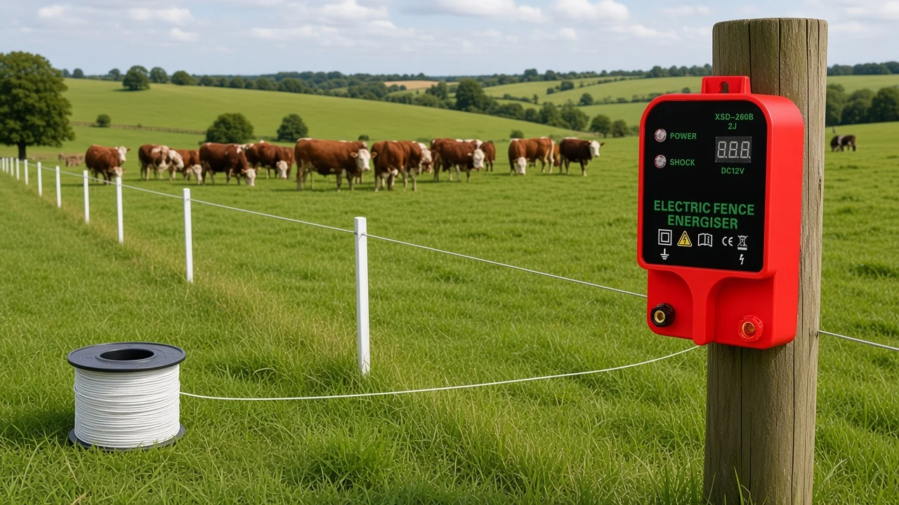 Temporary electric fence strip grazing setup on a UK pasture with portable energiser and polywire reel